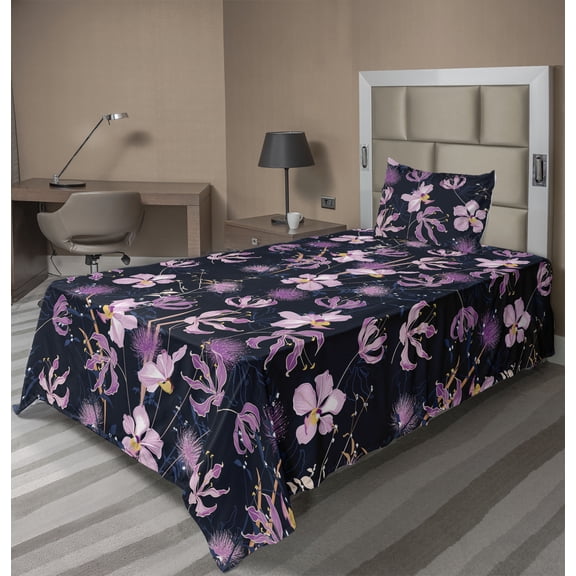 Ambesonne Tropical Fitted & Flat Sheet with Sham 3 Pcs Set, Exotic Botanical Retro, Twin, Navy Blue and Soft Pink