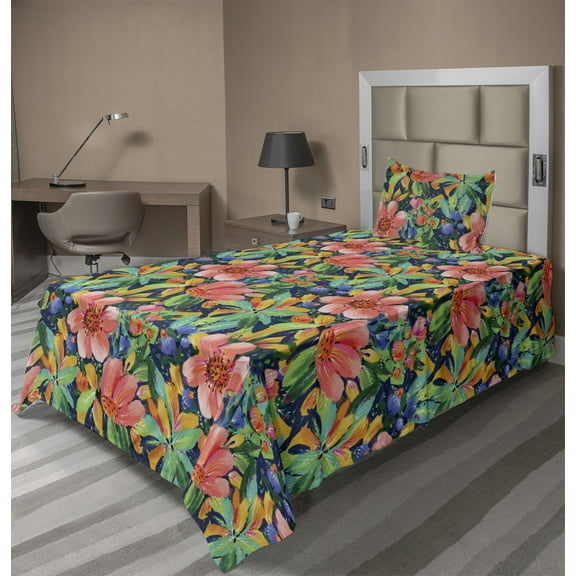 Ambesonne Tropical Fitted & Flat Sheet with Sham 3 Pcs Set, Exotic Floral Acrylic Art, Twin XL, Burnt Sienna and Lime Green