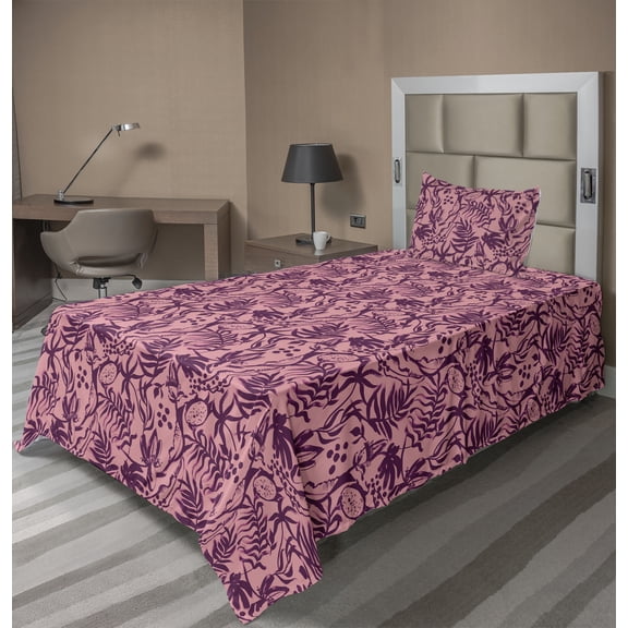 Ambesonne Tropical Fitted & Flat Sheet with Sham 3 Pcs Set, Exotic Fruit Leaf Pattern, Twin, Soft Pink and Dark Magenta