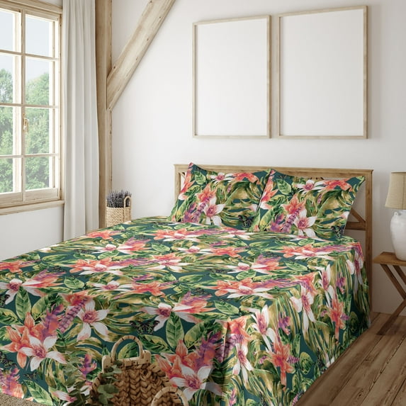 Ambesonne Tropical Fitted & Flat Sheet with Sham 3 Pcs Set, Exotics Hawaii Leaves Art, Twin, Dark Coral Fern Green