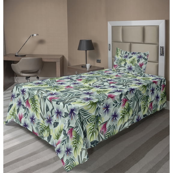 Ambesonne Tropical Fitted & Flat Sheet with Sham 3 Pcs Set, Hibiscus Monstera Hawaiian, Twin, Pale Blue Grey and Dried Rose