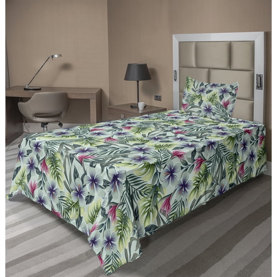 Ambesonne Tropical Fitted & Flat Sheet with Sham 3 Pcs Set, Hibiscus Monstera Hawaiian, Twin XL, Pale Blue Grey and Dried Rose
