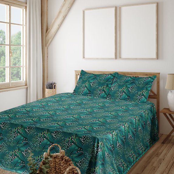 Ambesonne Tropical Fitted & Flat Sheet with Sham 3 Pcs Set, Jungle Vibe Leaves Exotics, Twin, Black White and Fern Green