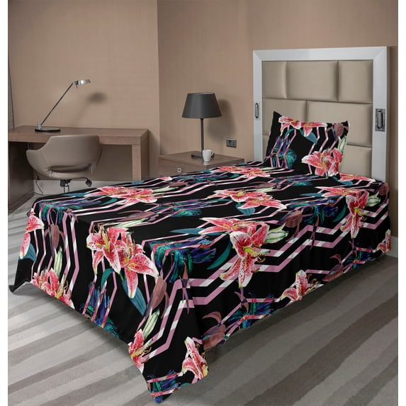 Ambesonne Tropical Fitted & Flat Sheet with Sham 3 Pcs Set, Lilies Zigzag Pattern Plot, Twin XL, Grey Pink Petrol Blue