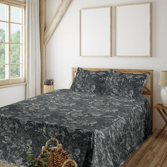 Ambesonne Tropical Fitted & Flat Sheet with Sham 3 Pcs Set, Neutral Silhouettes Art, Twin XL, Charcoal Grey Pale Grey