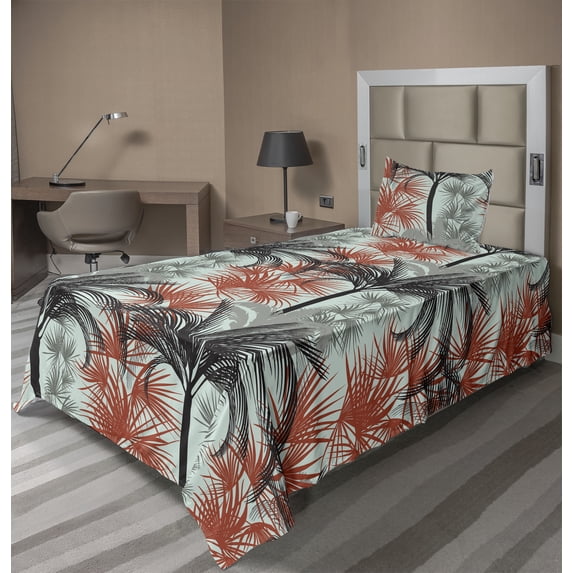 Ambesonne Tropical Fitted & Flat Sheet with Sham 3 Pcs Set, Palm Trees Fashion Art, Twin XL, Dark Salmon and Pale Grey
