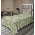 thumbnail image 1 of Ambesonne Tropical Fitted & Flat Sheet with Sham 3 Pcs Set, Plumerias Flamingos Leaves, Twin XL, Almond Green Dried Rose, 1 of 4
