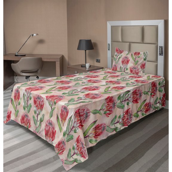 Ambesonne Tropical Fitted & Flat Sheet with Sham 3 Pcs Set, Protea Flowers Watercolor, Twin, Pale Maroon and Lime Green