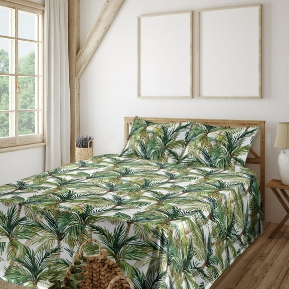 Ambesonne Tropical Fitted & Flat Sheet with Sham 3 Pcs Set, Repeating Palm Trees Plot, Twin XL, Hunter Green and Caramel