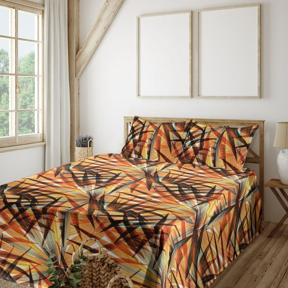 Ambesonne Tropical Fitted & Flat Sheet with Sham 3 Pcs Set, Summer Pattern Palm Leaves, Twin, Orange Sea Blue and Dark Rust