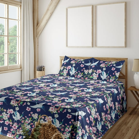 Ambesonne Tropical Fitted & Flat Sheet with Sham 3 Pcs Set, Watercolor Cranes Flowers, Twin, Dark Coral and Petrol Blue
