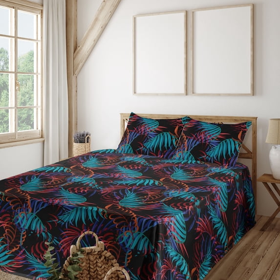 Ambesonne Tropical Fitted & Flat Sheet with Shams 4 Pcs Set, Colorful Palm Leaves Plot, King, Dark Pink Sea Blue