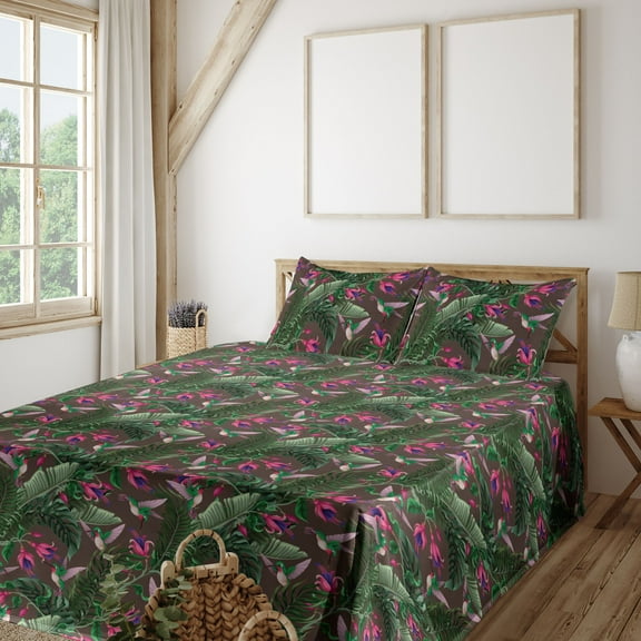 Ambesonne Tropical Fitted & Flat Sheet with Shams 4 Pcs Set, Hummingbirds Exotic Art, Queen, Navy Blue and Olive Green