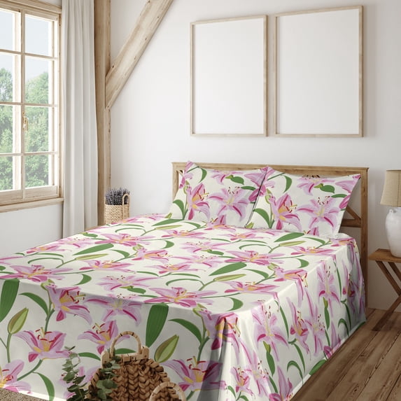 Ambesonne Tropical Fitted & Flat Sheet with Shams 4 Pcs Set, Lilies Simplistic Plot, King, Fern Green and Soft Pink