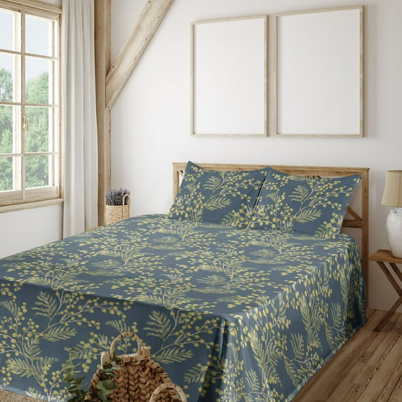 Ambesonne Tropical Fitted & Flat Sheet with Shams 4 Pcs Set, Mimosa Flowers Pattern Art, King, Pale Olive Green Blue