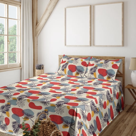 Ambesonne Tropical Fitted & Flat Sheet with Shams 4 Pcs Set, Modern Shapes Leaves Print, Full, Pale Slate Blue Marigold
