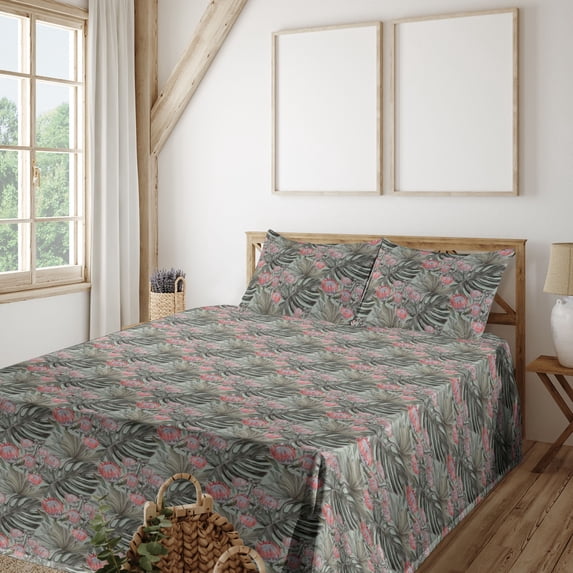 Ambesonne Tropical Fitted & Flat Sheet with Shams 4 Pcs Set, Palm Monstera Protea Art, Calking, Sage Green and Dried Rose