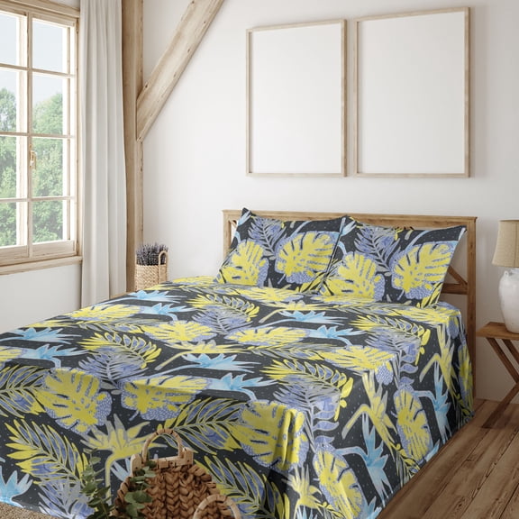 Ambesonne Tropical Fitted & Flat Sheet with Shams 4 Pcs Set, Pop Art Exotic Palm Leaf, Queen, Avocado Green Ceil Blue