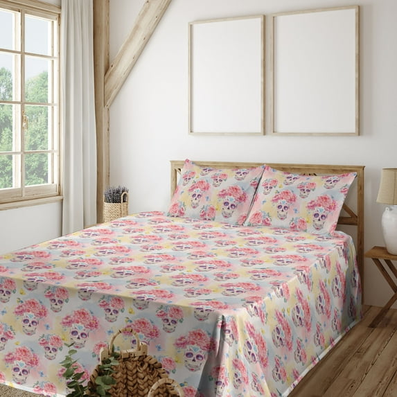 Ambesonne Tropical Fitted & Flat Sheet with Shams 4 Pcs Set, Sugar Skulls Butterflies, Queen, Pale Ruby Dark Coral