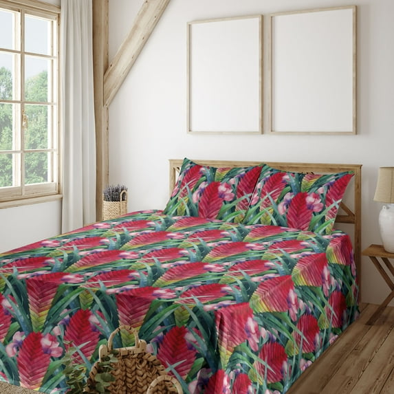 Ambesonne Tropical Fitted & Flat Sheet with Shams 4 Pcs Set, Tillandsia Cyanea Leaves, King, Dried Rose and Jade Green