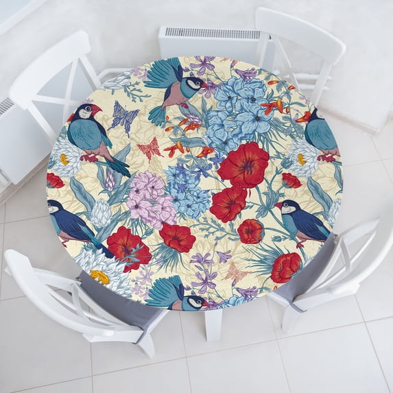 Ambesonne Tropical Fitted Round Tablecloth, Colorful Birds Butterfly, 36"- 40" Diameter, Dark Pink Pale Blue