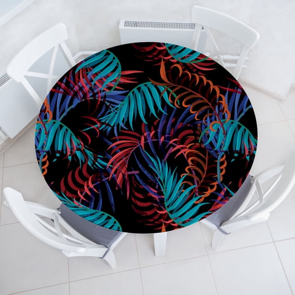 Ambesonne Tropical Fitted Round Tablecloth, Colorful Palm Leaves Plot, 36"- 40" Diameter, Dark Pink Sea Blue