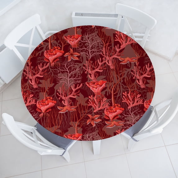 Ambesonne Tropical Fitted Round Tablecloth, Coral Reef Starfish Art, 56"- 60" Diameter, Scarlet and Dark Rust