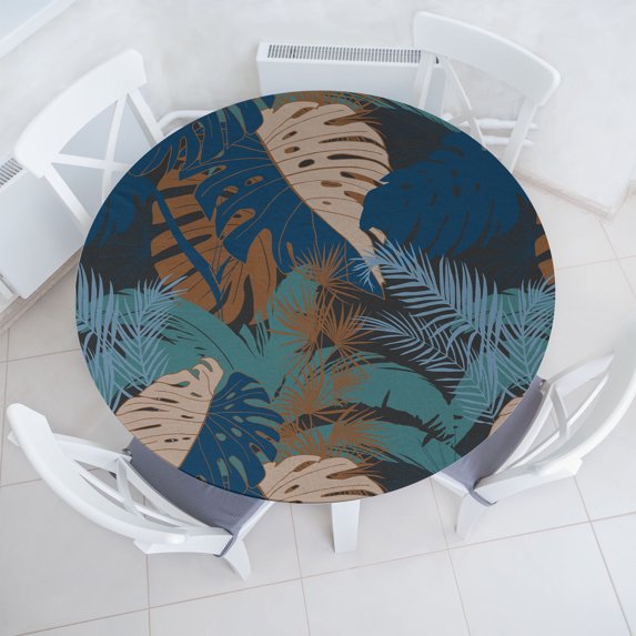 Ambesonne Tropical Fitted Round Tablecloth, Exotic Botanical Abstract, 56"- 60" Diameter, Dark Lavender and Grey Teal