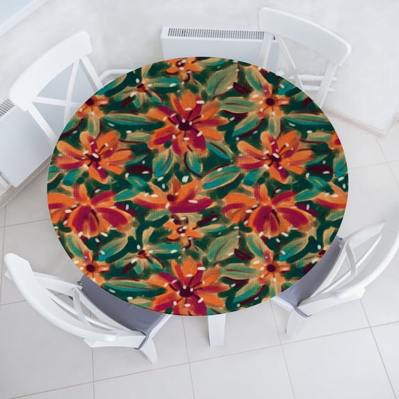 Ambesonne Tropical Fitted Round Tablecloth, Exotic Flora Vintage Plot, 40"- 44" Diameter, Raspberry and Dark Green
