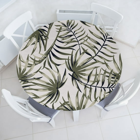 Ambesonne Tropical Fitted Round Tablecloth, Exotic Foliage Vintage Art, 40"- 44" Diameter, Sage Green and Grey Yellow