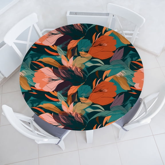 Ambesonne Tropical Fitted Round Tablecloth, Exotic Leaf Retro Vibe, 36"- 40" Diameter, Burnt Orange Tan Teal