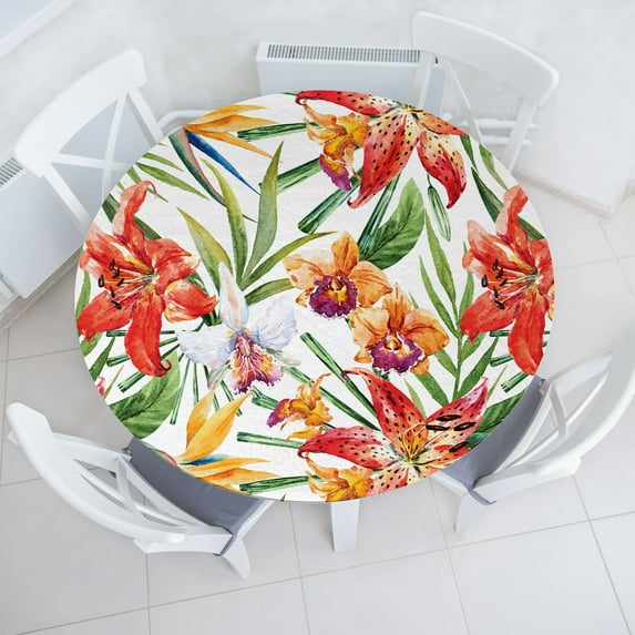 Ambesonne Tropical Fitted Round Tablecloth, Exotic Lilies Watercolor, 36"- 40" Diameter, Scarlet and Reseda Green