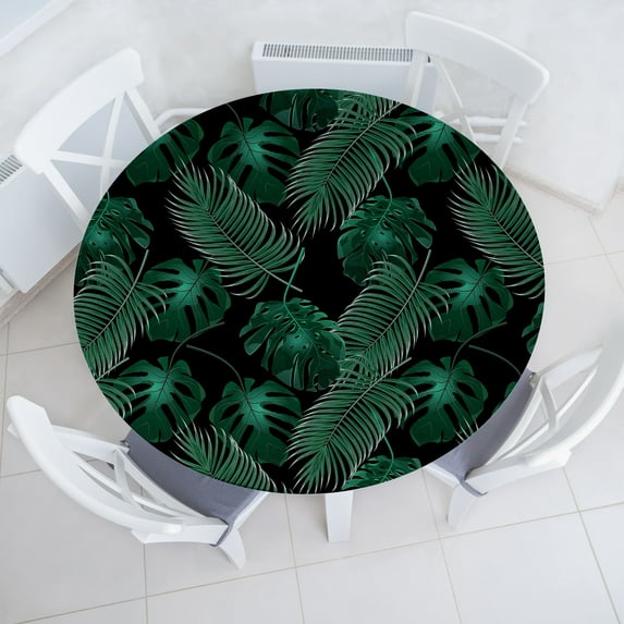 Ambesonne Tropical Fitted Round Tablecloth, Exotic Monstera Summer Art, 40"- 44" Diameter, Black and Hunter Green