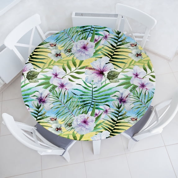 Ambesonne Tropical Fitted Round Tablecloth, Exotic Watercolor Flora, 45"- 56" Diameter, Pale Purple and Fern Green