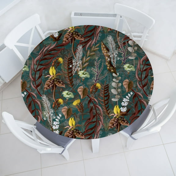 Ambesonne Tropical Fitted Round Tablecloth, Exotic Wild Flowers Art, 40"- 44" Diameter, Dark Rust Teal and Yellow