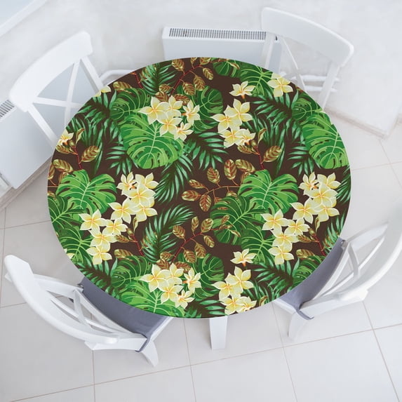 Ambesonne Tropical Fitted Round Tablecloth, Exotics Monstera Print, 36"- 40" Diameter, Pale Green Avocado Green