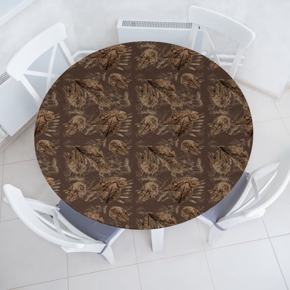 Ambesonne Tropical Fitted Round Tablecloth, Grunge Leaf Sketch Pattern, 40"- 44" Diameter, Pale Camel Umber