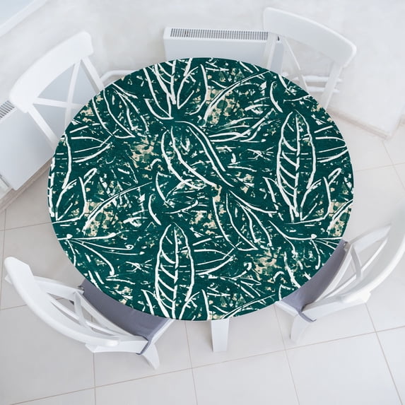 Ambesonne Tropical Fitted Round Tablecloth, Grunge Leaves Retro Ink, 45"- 56" Diameter, Forest Green and Dark Teal