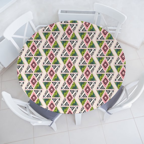 Ambesonne Tropical Fitted Round Tablecloth, Leaves Stripes Geometric, 56"- 60" Diameter, Pastel Pink Green and Teal