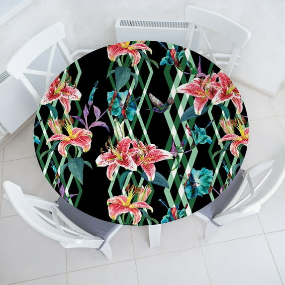 Ambesonne Tropical Fitted Round Tablecloth, Lily Hibiscus Butterfly, 40"- 44" Diameter, Jade Green and Raspberry