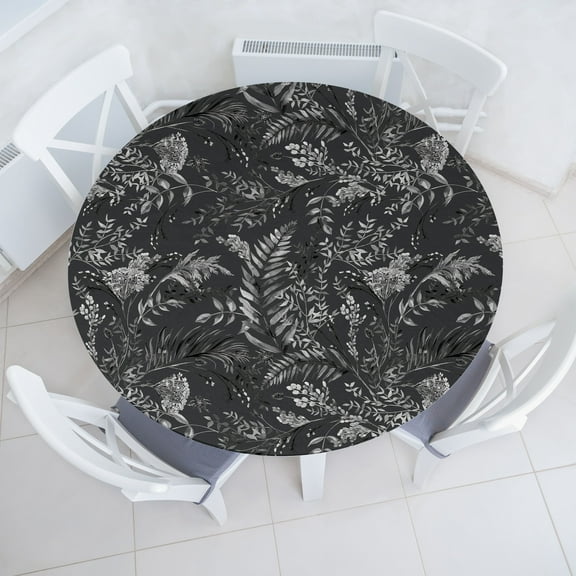 Ambesonne Tropical Fitted Round Tablecloth, Neutral Silhouettes Art, 40"- 44" Diameter, Charcoal Grey Pale Grey