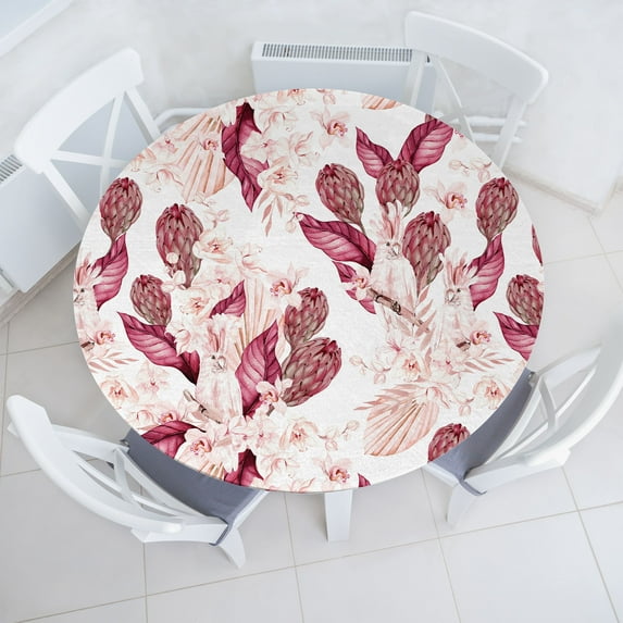 Ambesonne Tropical Fitted Round Tablecloth, Orchid Protea Palm Parrots, 36"- 40" Diameter, Dried Rose Pale Ruby