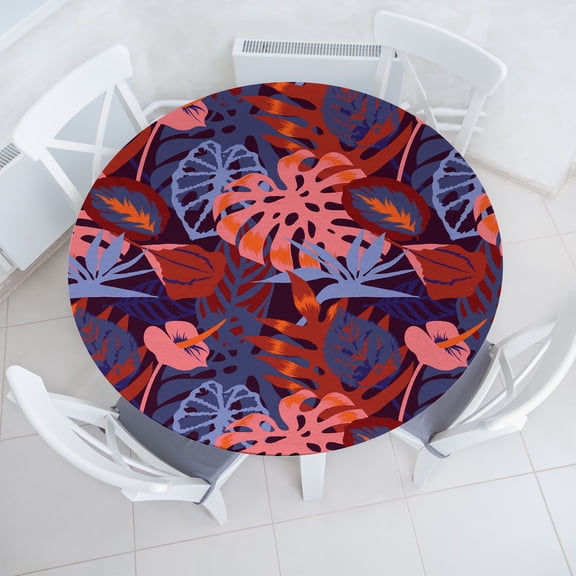 Ambesonne Tropical Fitted Round Tablecloth, Overlapped Flamingo Flower, 36"- 40" Diameter, Maroon Dark Pink and Quartz