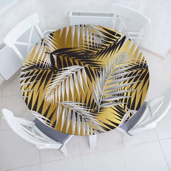 Ambesonne Tropical Fitted Round Tablecloth, Palm Leaves Monochrome Art, 40"- 44" Diameter, Pale Caramel White and Grey