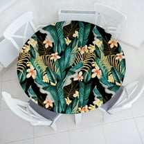Ambesonne Tropical Fitted Round Tablecloth, Plumerias Gold Exotic Leaf, 40"- 44" Diameter, Pale Orange Forest Green