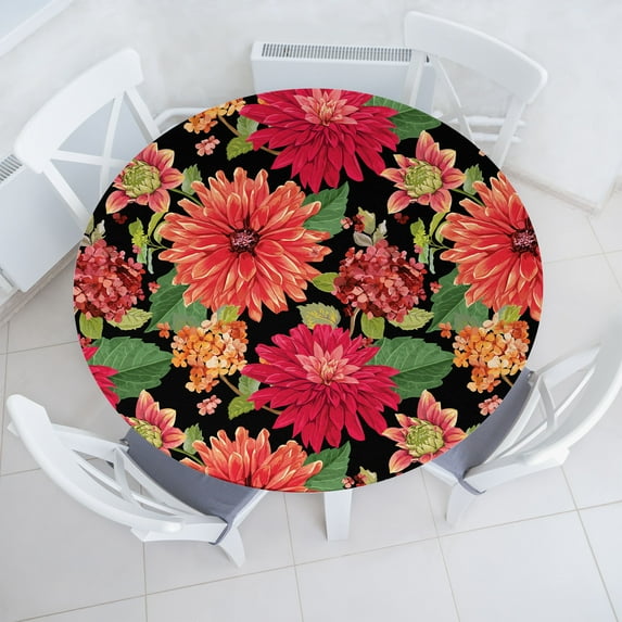 Ambesonne Tropical Fitted Round Tablecloth, Red Aster Flowers Pattern, 36"- 40" Diameter, Dark Coral and Fern Green
