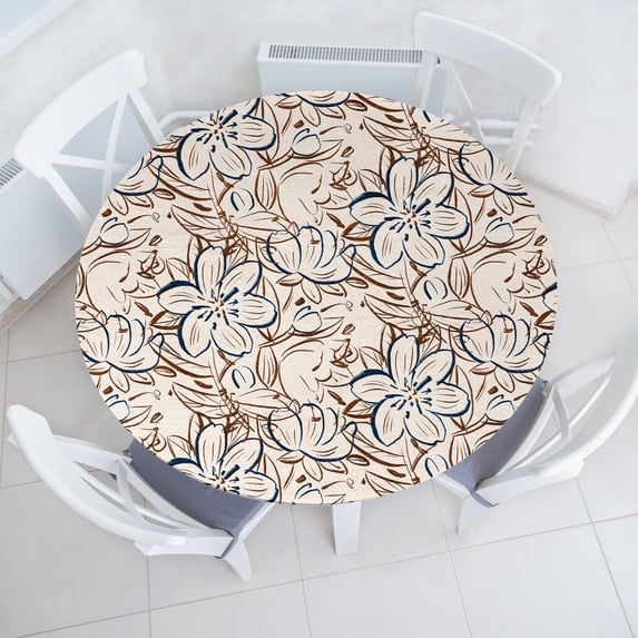 Ambesonne Tropical Fitted Round Tablecloth, Simplistic Exotic Floral, 36"- 40" Diameter, Dark Violet Blue and Redbrown