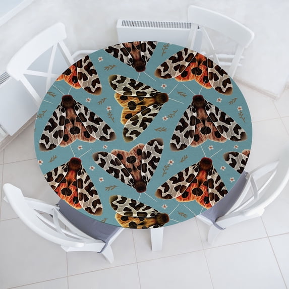 Ambesonne Tropical Fitted Round Tablecloth, Tiger Butterfly Garden Art, 56"- 60" Diameter, Dark Peach Blue Grey