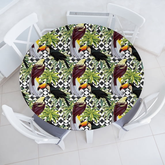 Ambesonne Tropical Fitted Round Tablecloth, Toucans Parrots Bird Print, 56"- 60" Diameter, Green Multicolor