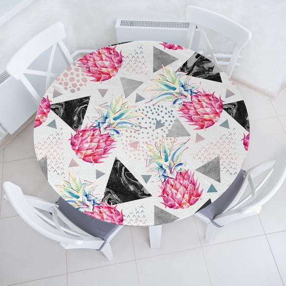 Ambesonne Tropical Fitted Round Tablecloth, Triangle Pineapple Plot, 56"- 60" Diameter, Charcoal Grey and Hot Pink